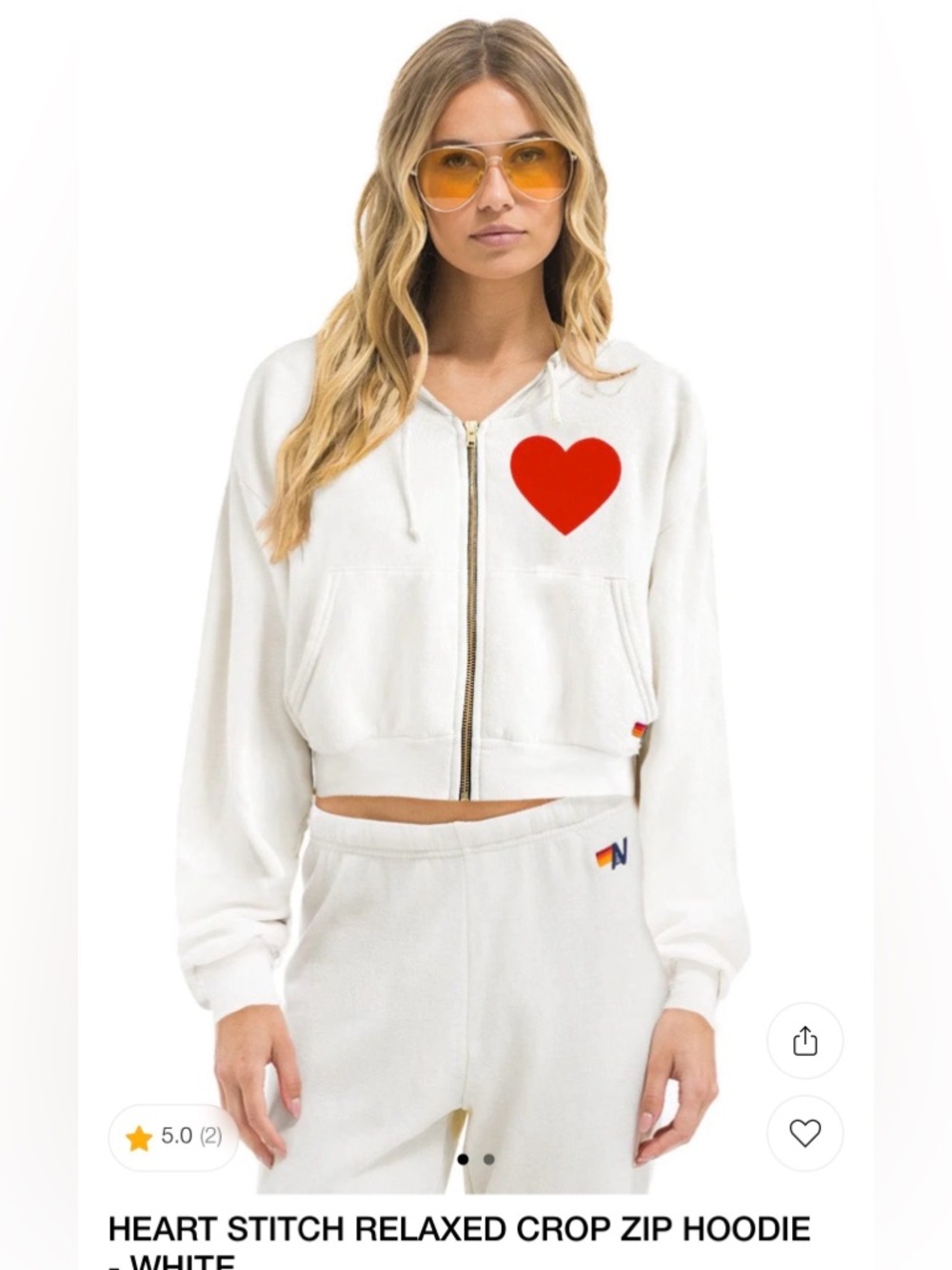 Aviator Nation White Cropped Zip Hoodie with Red Heart Patch